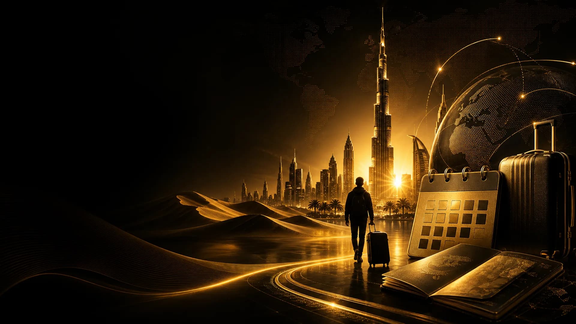 Black and gold visit visa package background with passport and Dubai skyline