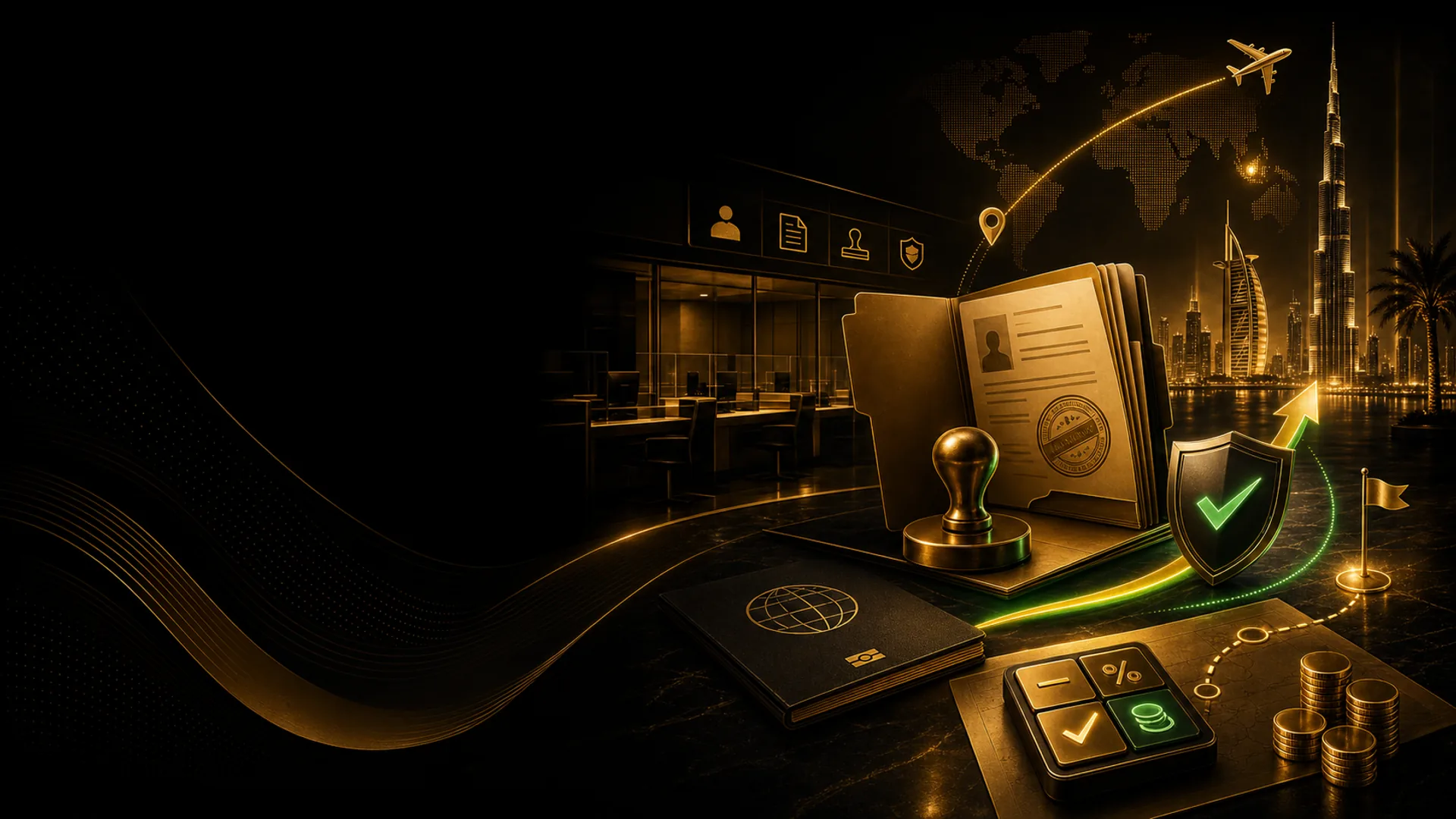 Black and gold absconding and immigration fine support background with case file and clearance visuals
