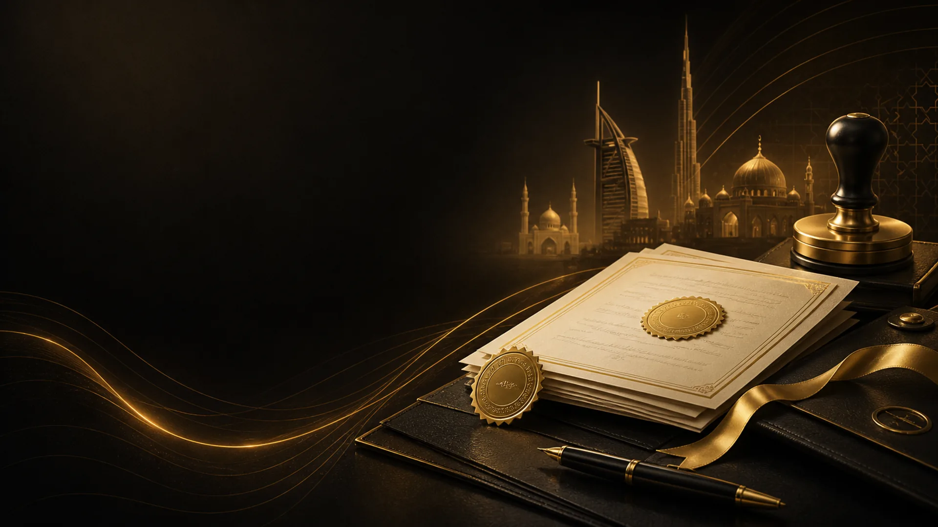 Black and gold document attestation background with certificate, stamp and seal visuals