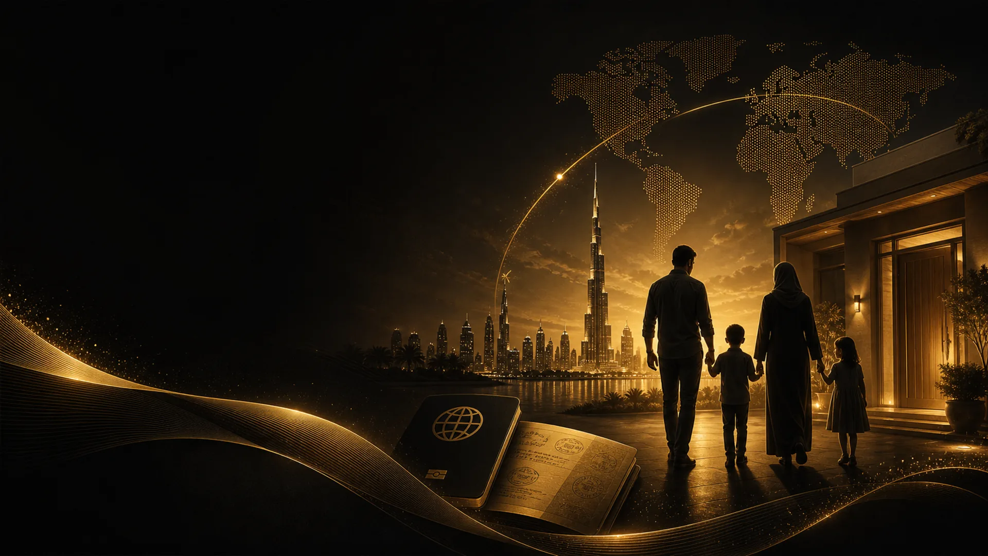 Black and gold family visa background with home, family and Dubai journey visuals