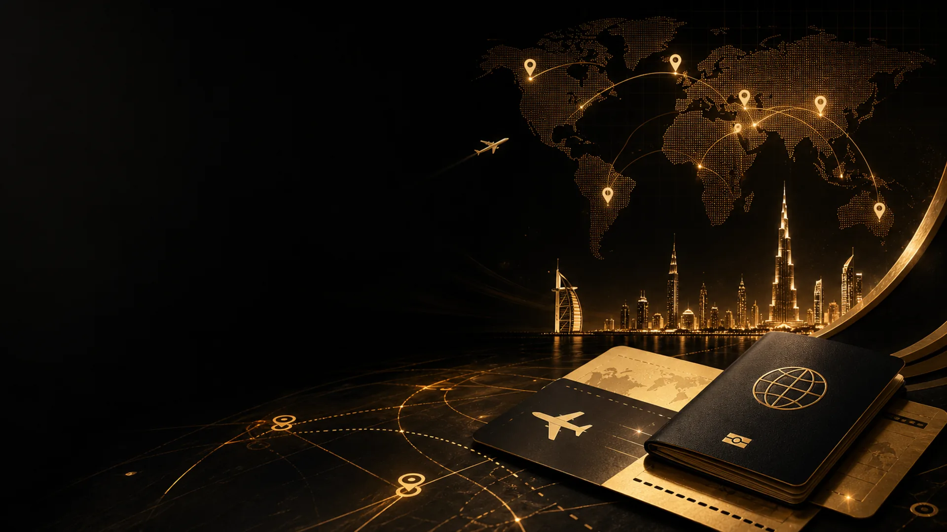 Black and gold flight ticket background with boarding pass and global route visuals