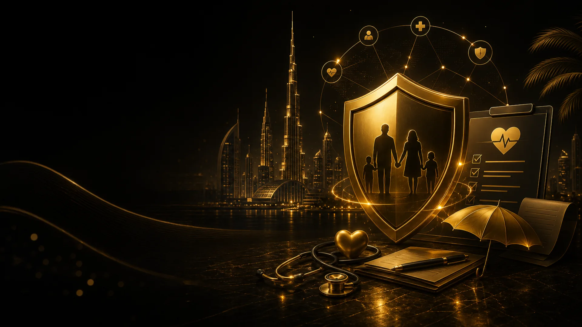 Black and gold insurance background with shield, family and medical coverage visuals