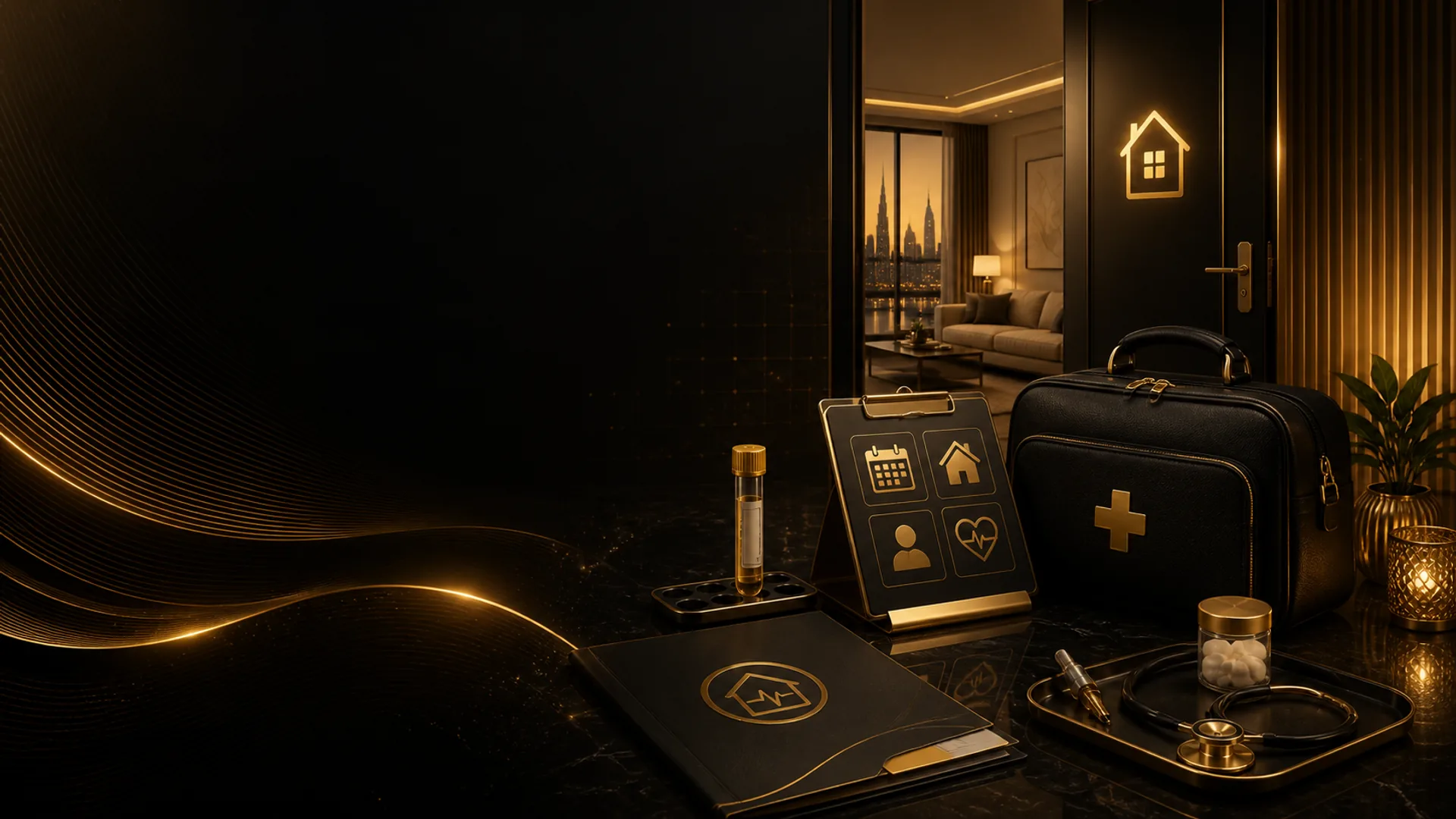 Black and gold visa medical at home background with home, medical report and blood test visuals